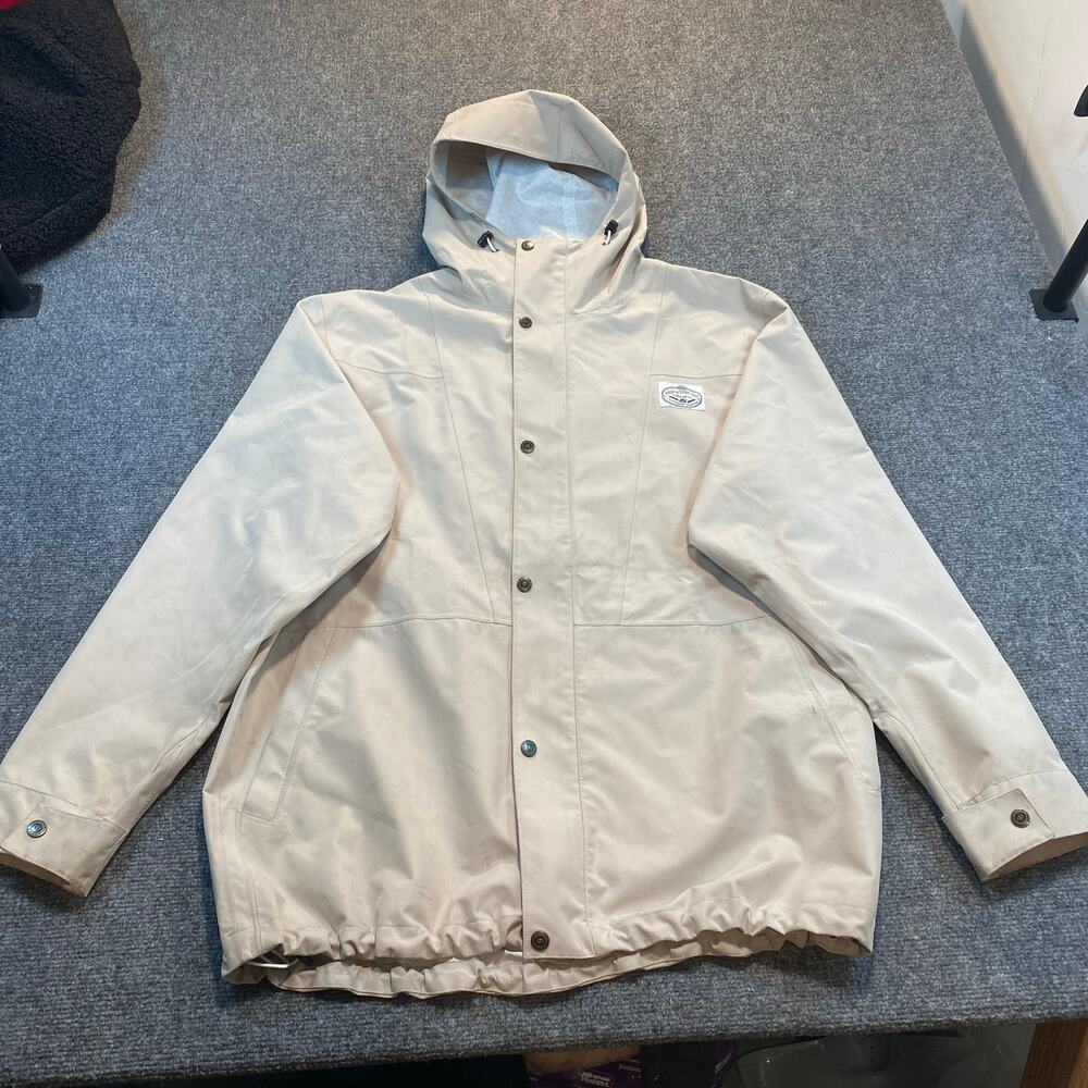 Poler Camp Vibes Hooded Rain Jacket Mens XL Cream Water Resistant Coat Zip Snap